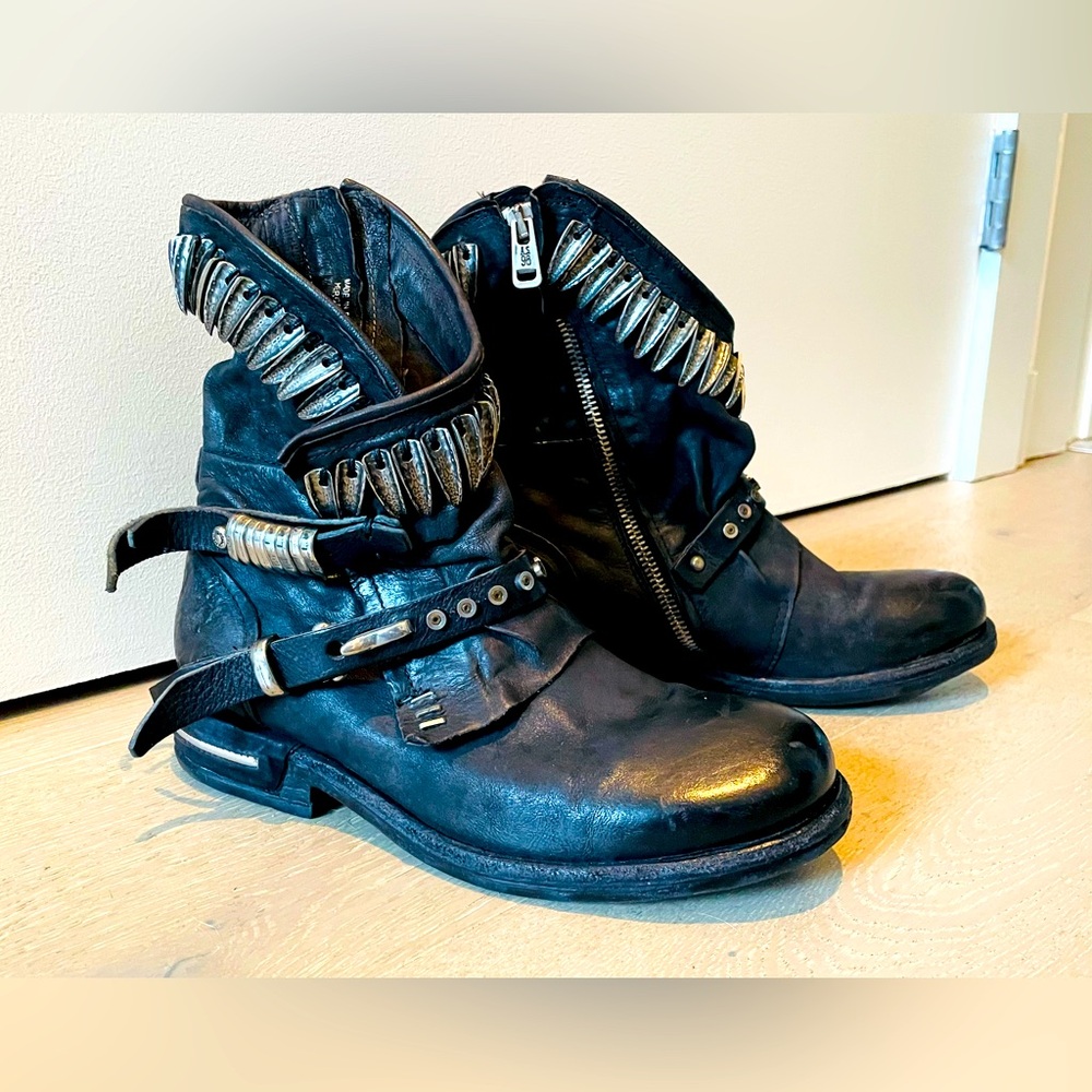 A.S. 98 Black Weathered Biker Boots with Hammered Metal Hardware Size 6 (EU 36)